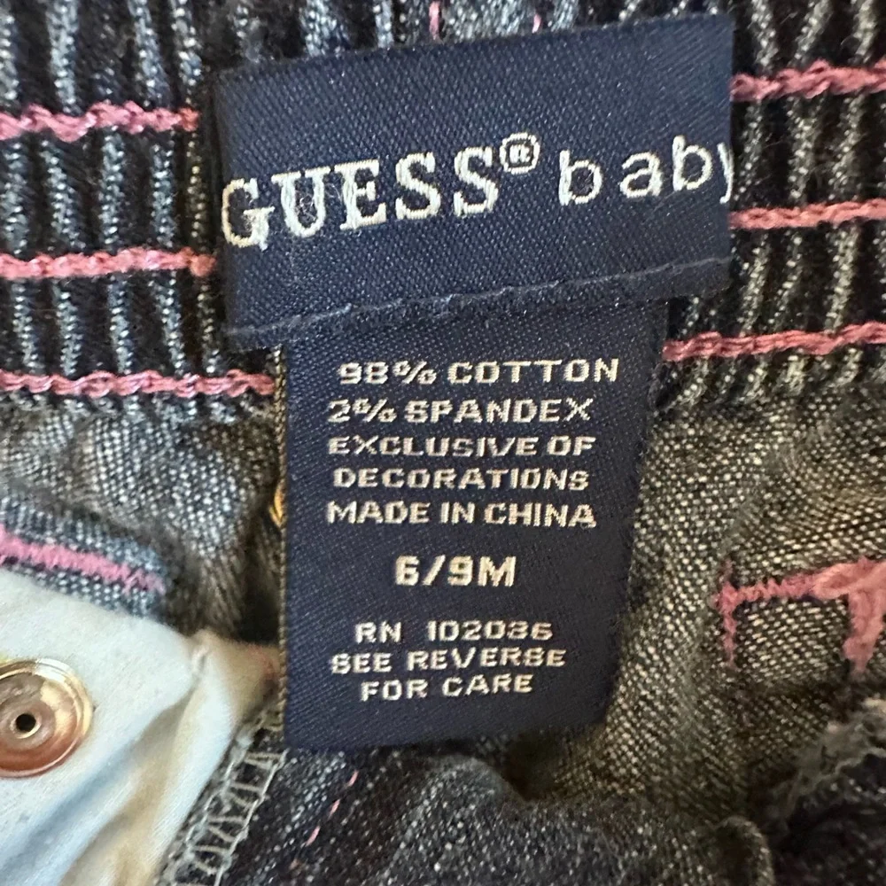 Baby Guess Denim Shorts 6-9M Ruffle Trim Heart Pockets Pink Stitch